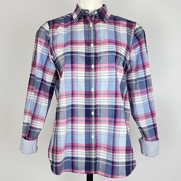 CHAPS  Women's No Iron Button Down Pink Blue Plaid Shirt 100% Cotton Sz M - Picture 2 of 15